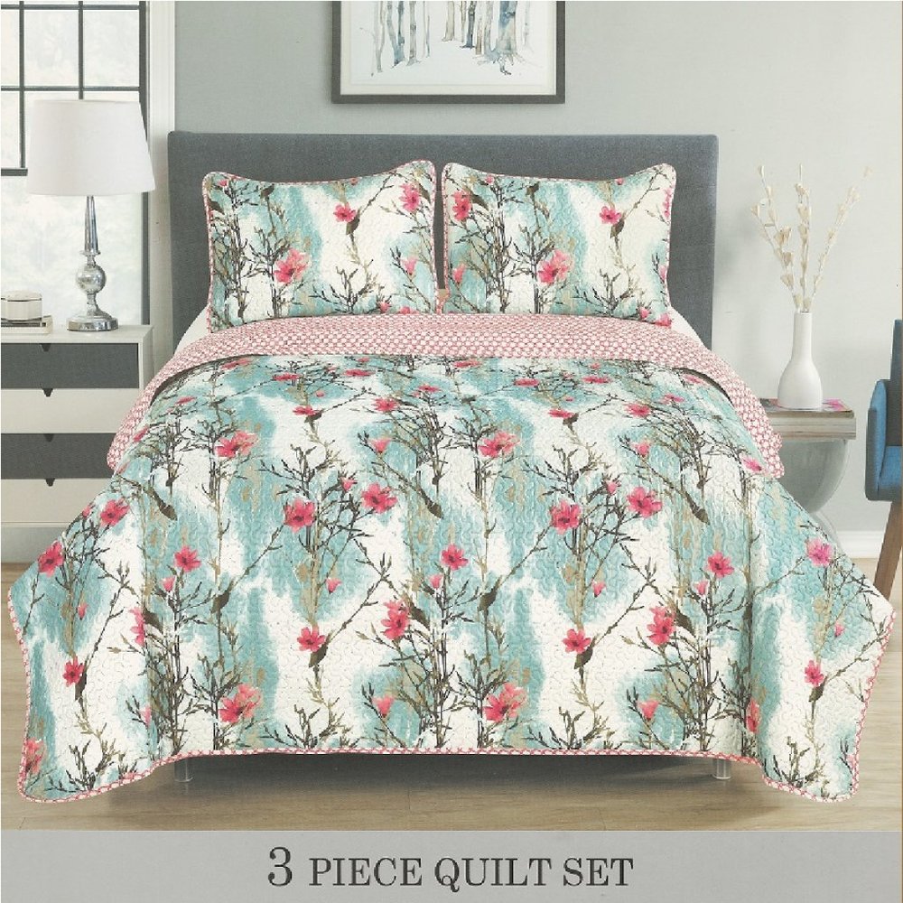 3 Piece Quilted Bedspread Set - Sage Floral Bedding Set- Full/Queen & King Size